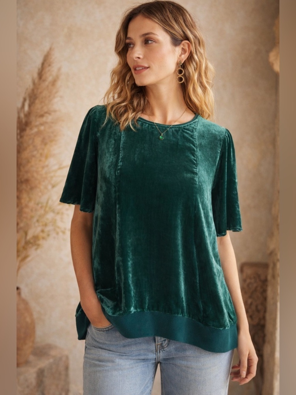 Maeve Anthropologie Womens Top Sz Small Green Crushed Velvet Boho Holiday Shirt